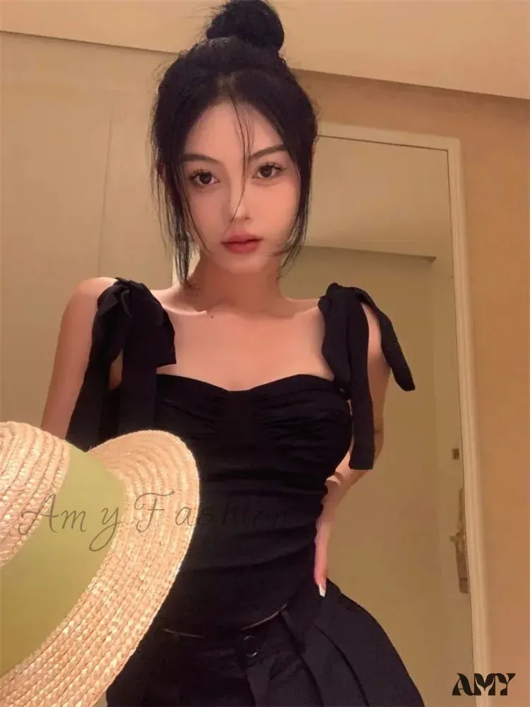 Lace-up Vintage Black Chic Party All-match Slim Cozy Y2k Ins Fashion Holiday Crop Top